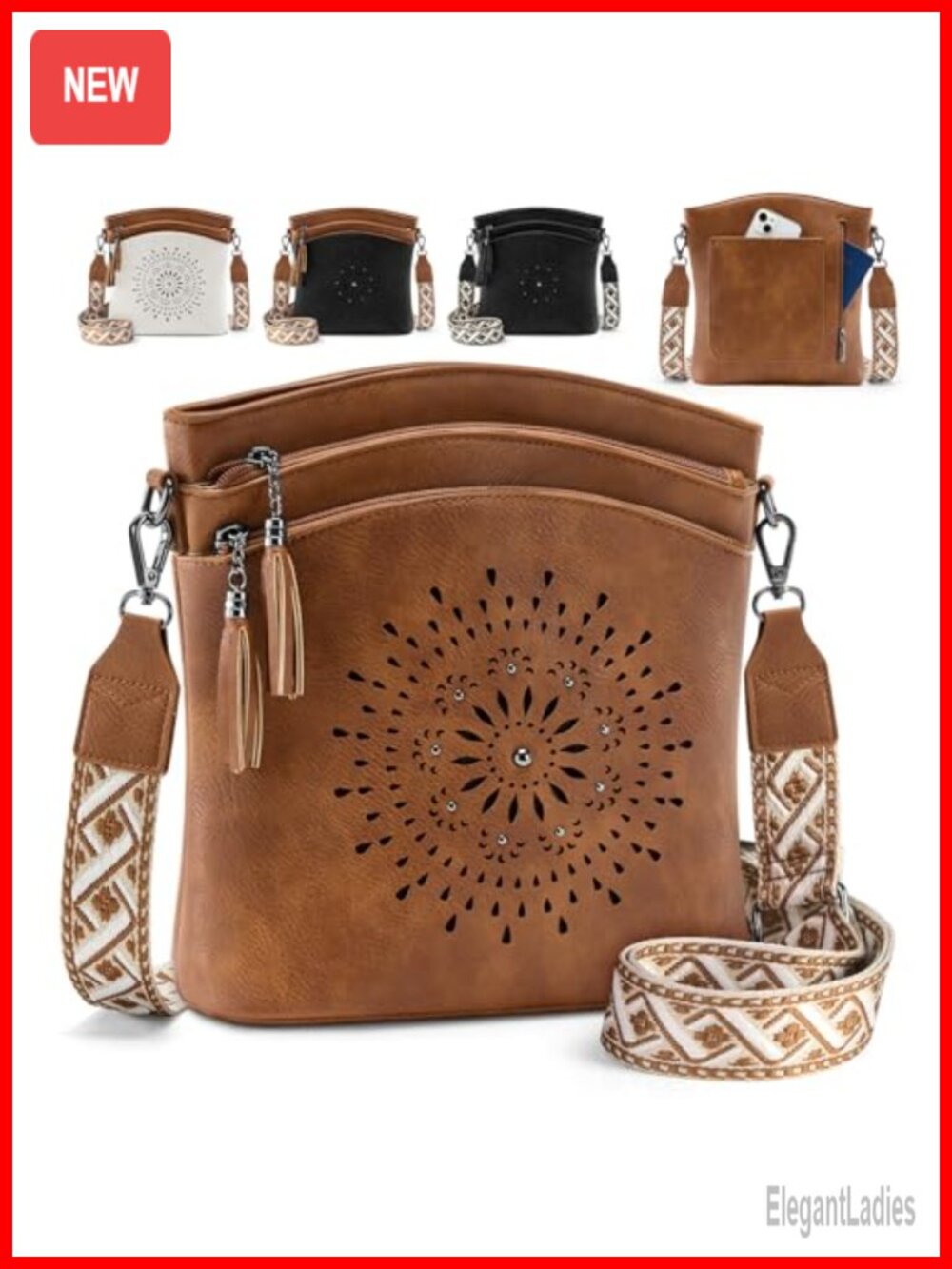 Women's Leather Crossbody Bag with Floral Motif, 7 Pockets, Adjustable Strap
